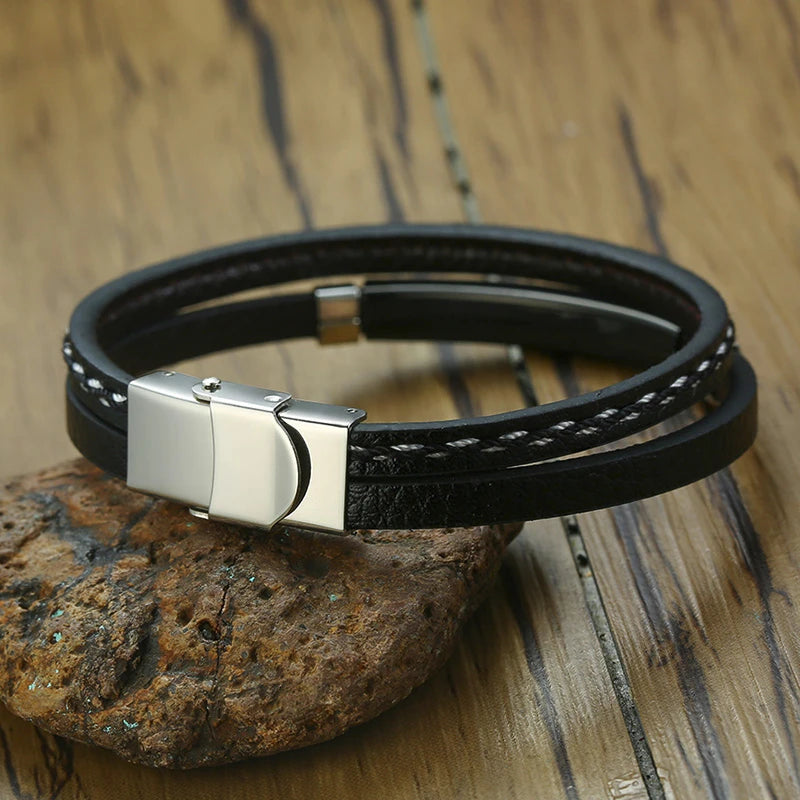 Genuine Leather Bracelets for Men with Stainless Steel Bar