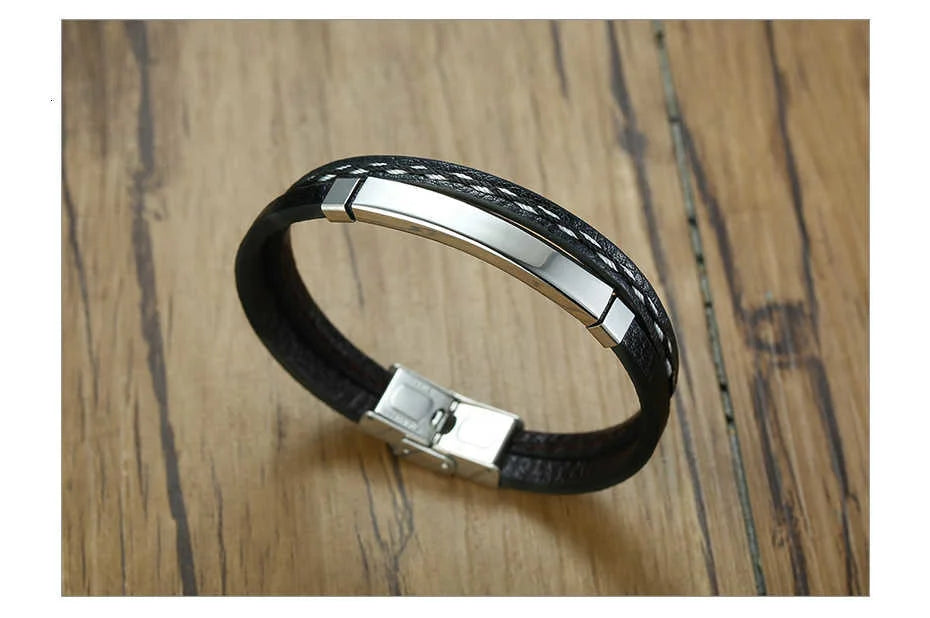 Genuine Leather Bracelets for Men with Stainless Steel Bar