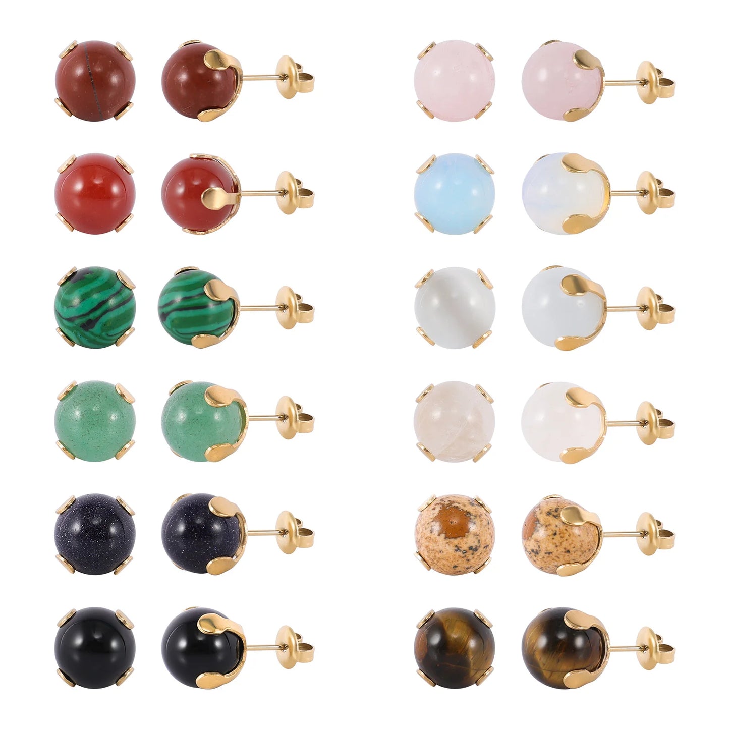 12 Pairs Natural Gemstone Bead Ball Stud Earrings