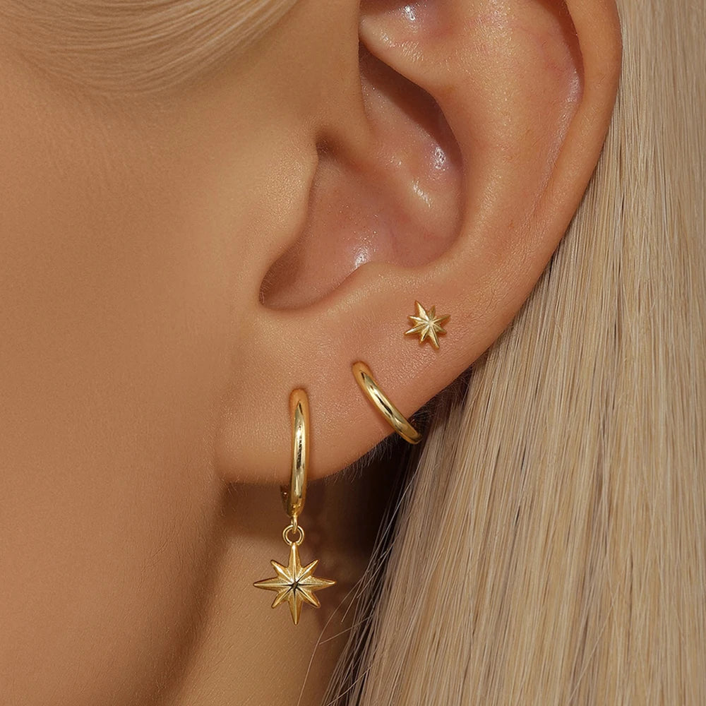 3 Piece Stainless Steel Round Star Drop Earrings
