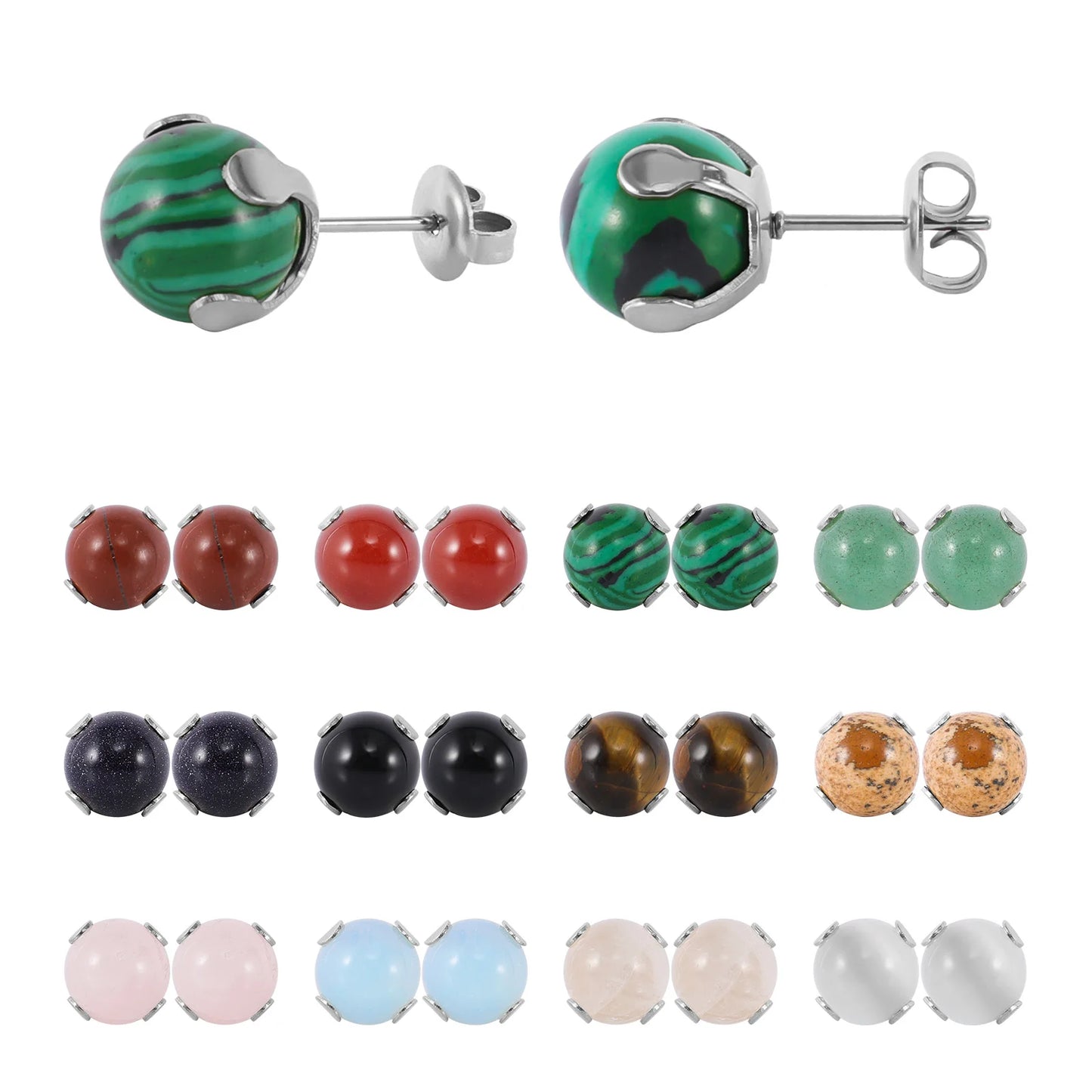 12 Pairs Natural Gemstone Bead Ball Stud Earrings
