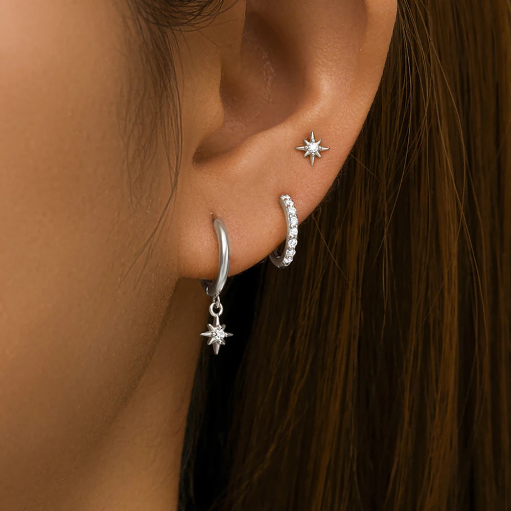 3 Piece Stainless Steel Round Star Drop Earrings