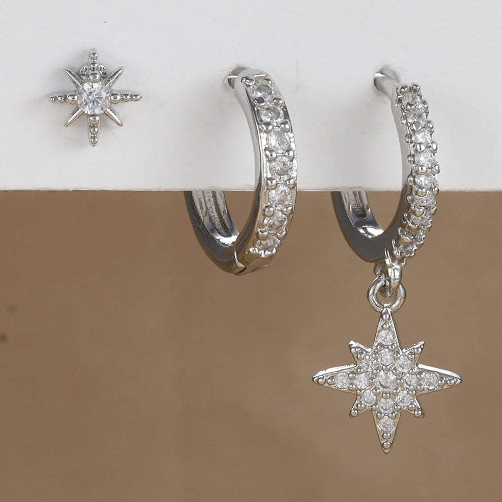 3 Piece Stainless Steel Round Star Drop Earrings