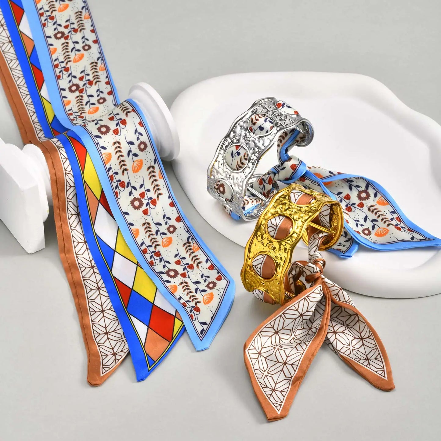 Lilly Silk Scarf Bangles With Pattern Stainless Steel