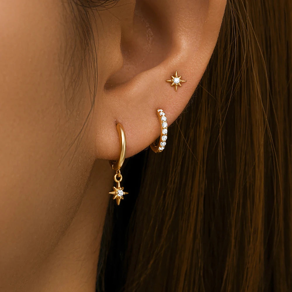 3 Piece Stainless Steel Round Star Drop Earrings