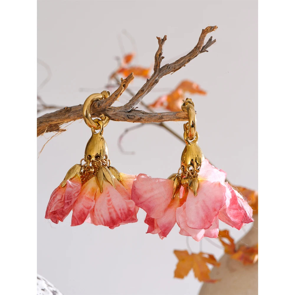 Fairy Romantic Pink Cloth Flower Dangle Earrings