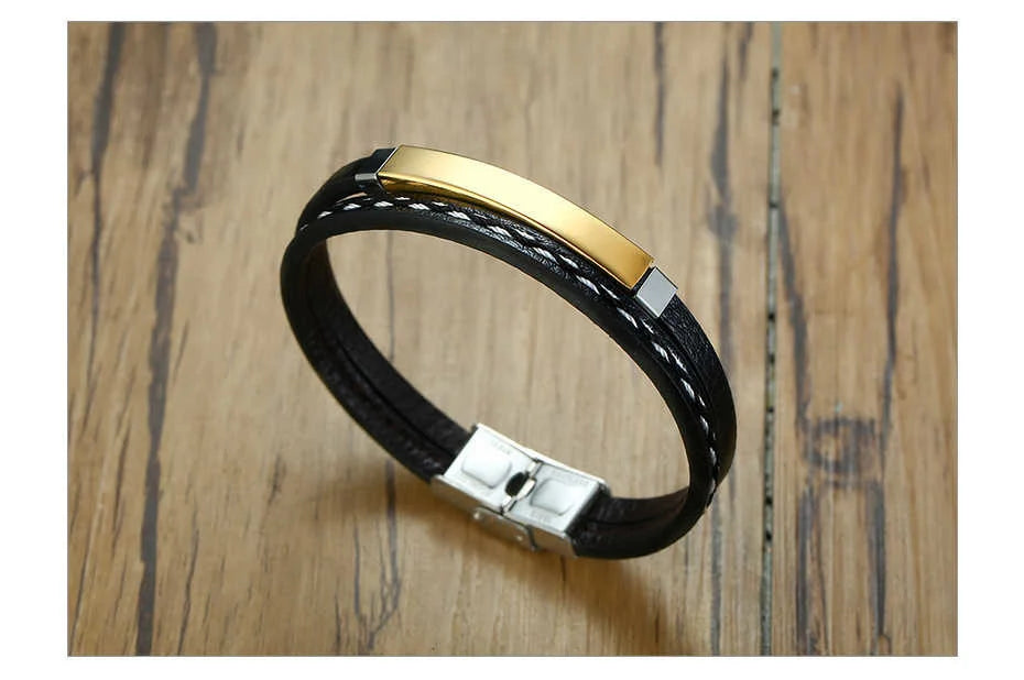 Genuine Leather Bracelets for Men with Stainless Steel Bar