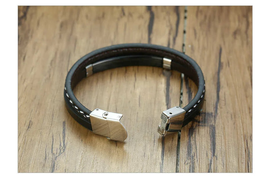 Genuine Leather Bracelets for Men with Stainless Steel Bar