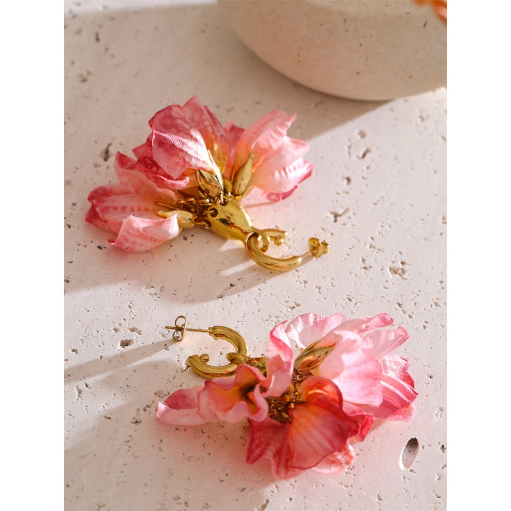 Fairy Romantic Pink Cloth Flower Dangle Earrings