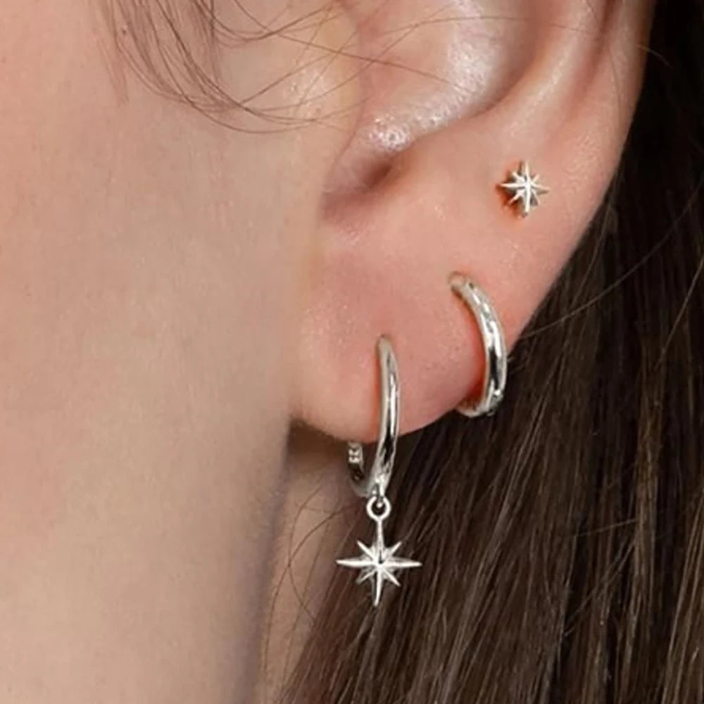 3 Piece Stainless Steel Round Star Drop Earrings