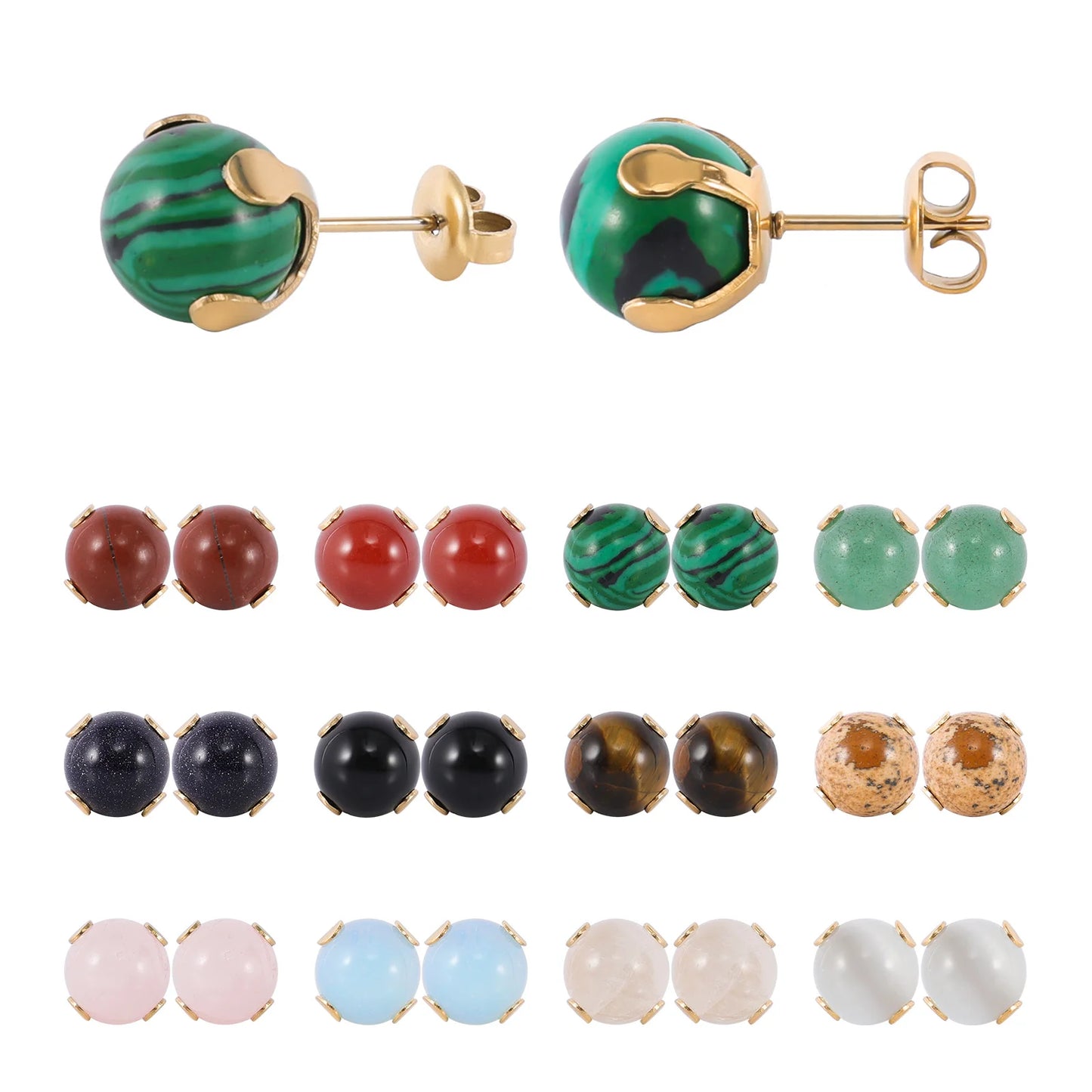 12 Pairs Natural Gemstone Bead Ball Stud Earrings