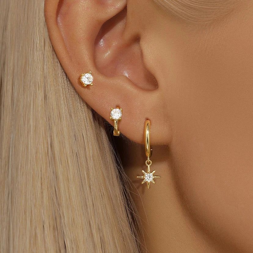 3 Piece Stainless Steel Round Star Drop Earrings