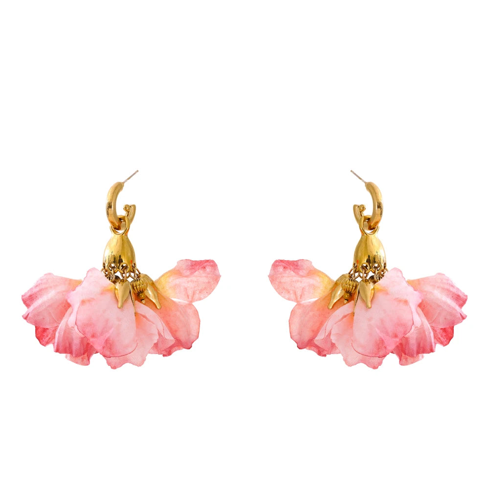 Fairy Romantic Pink Cloth Flower Dangle Earrings
