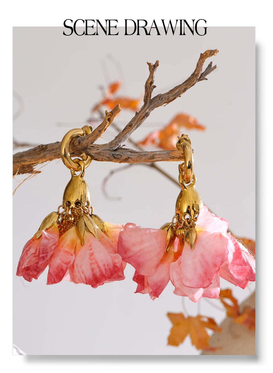 Fairy Romantic Pink Cloth Flower Dangle Earrings