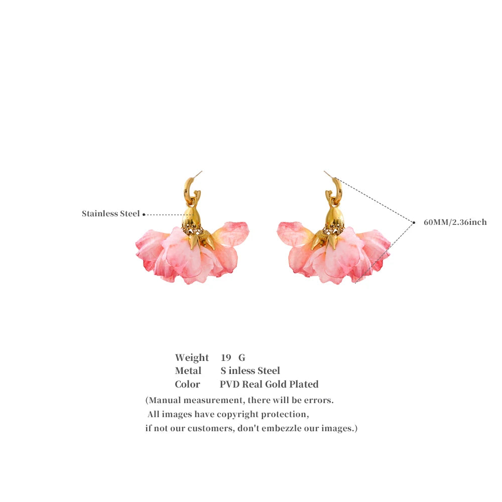 Fairy Romantic Pink Cloth Flower Dangle Earrings