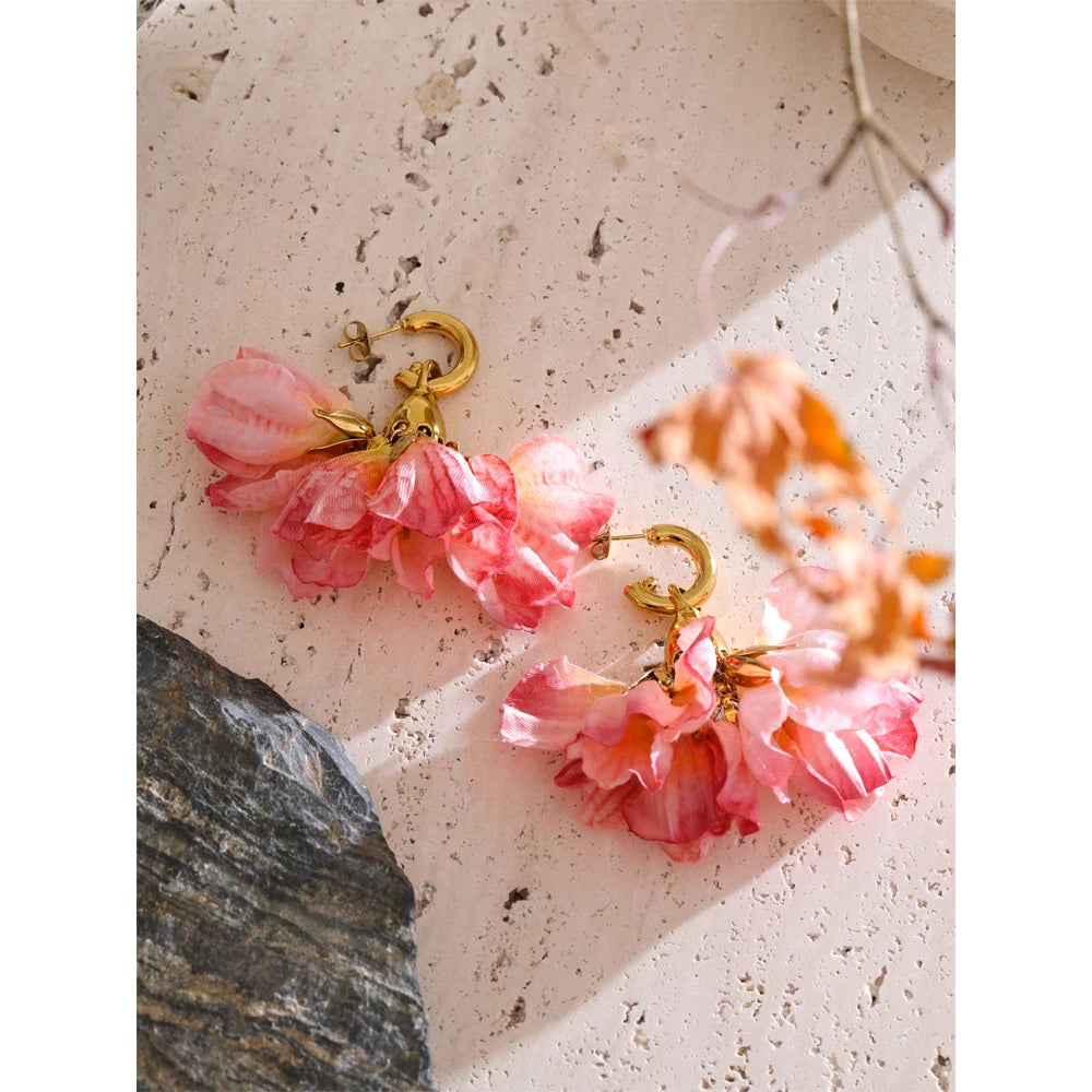 Fairy Romantic Pink Cloth Flower Dangle Earrings