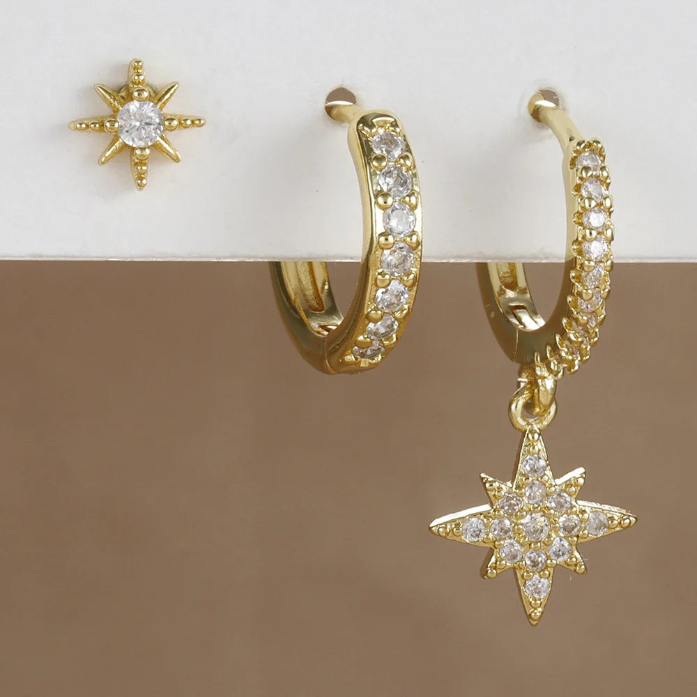 3 Piece Stainless Steel Round Star Drop Earrings