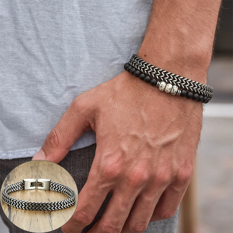 Apollo Vintage Oxidized Double Curb Chain Bracelet for Men Stainless Steel
