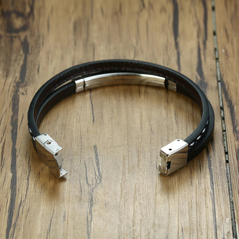 Genuine Leather Bracelets for Men with Stainless Steel Bar