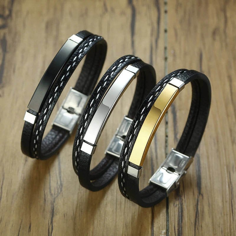 Genuine Leather Bracelets for Men with Stainless Steel Bar