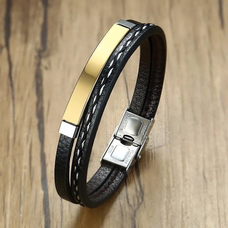 Genuine Leather Bracelets for Men with Stainless Steel Bar