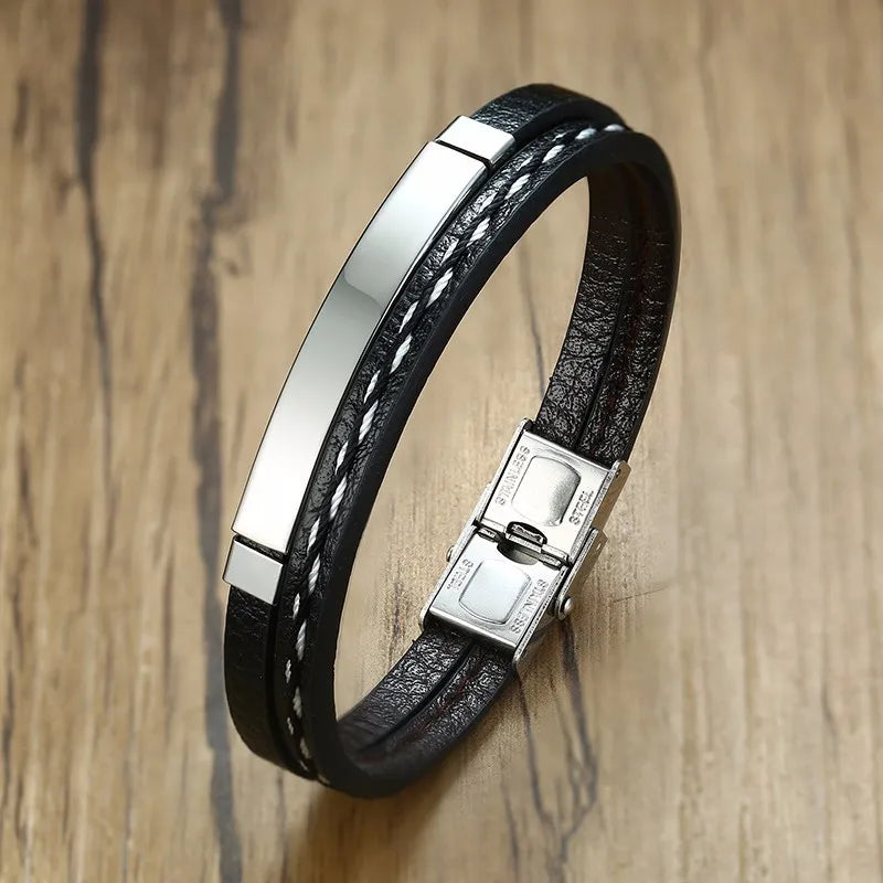 Genuine Leather Bracelets for Men with Stainless Steel Bar