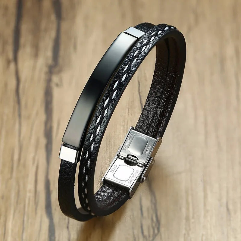 Genuine Leather Bracelets for Men with Stainless Steel Bar
