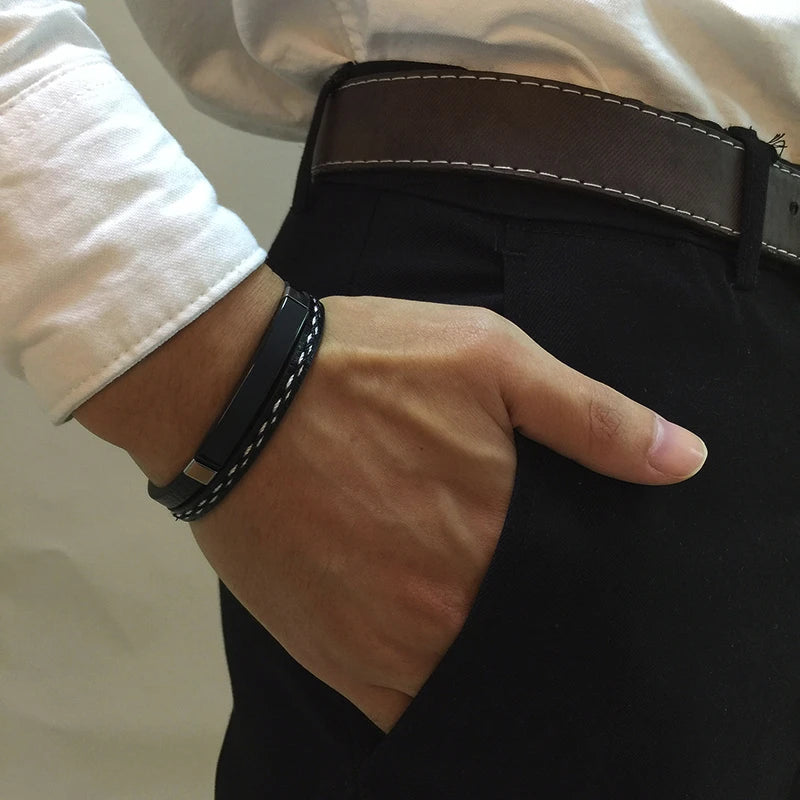 Genuine Leather Bracelets for Men with Stainless Steel Bar