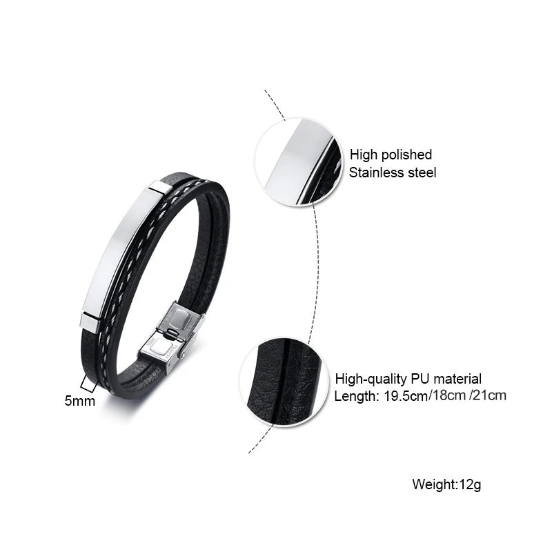 Genuine Leather Bracelets for Men with Stainless Steel Bar