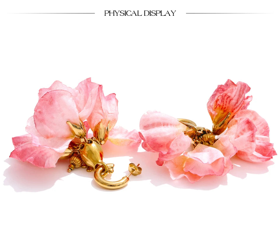 Fairy Romantic Pink Cloth Flower Dangle Earrings