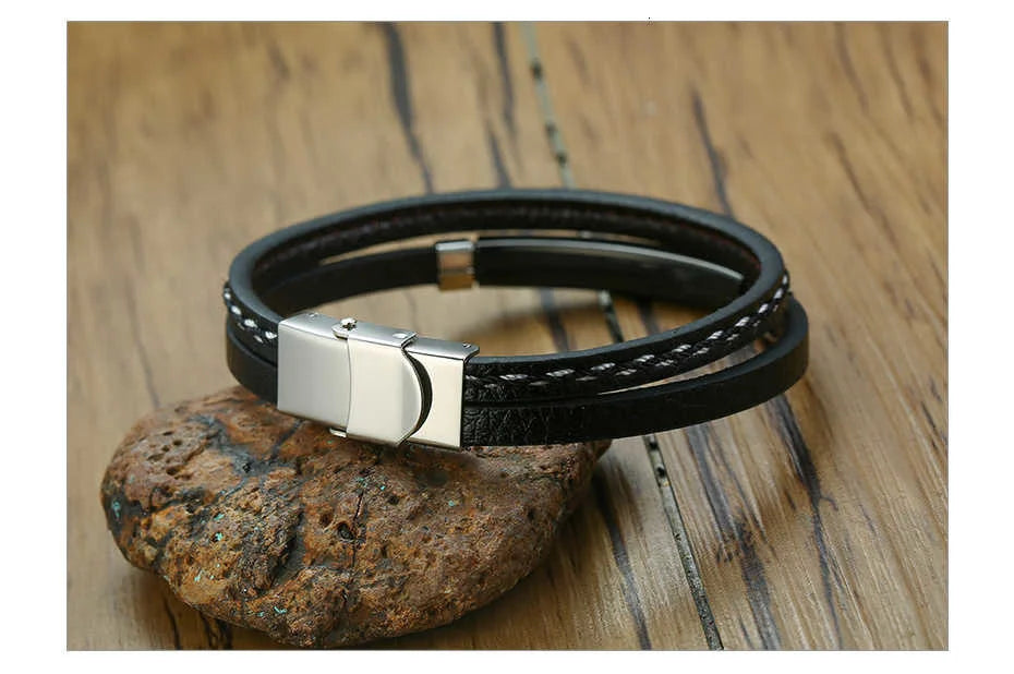 Genuine Leather Bracelets for Men with Stainless Steel Bar