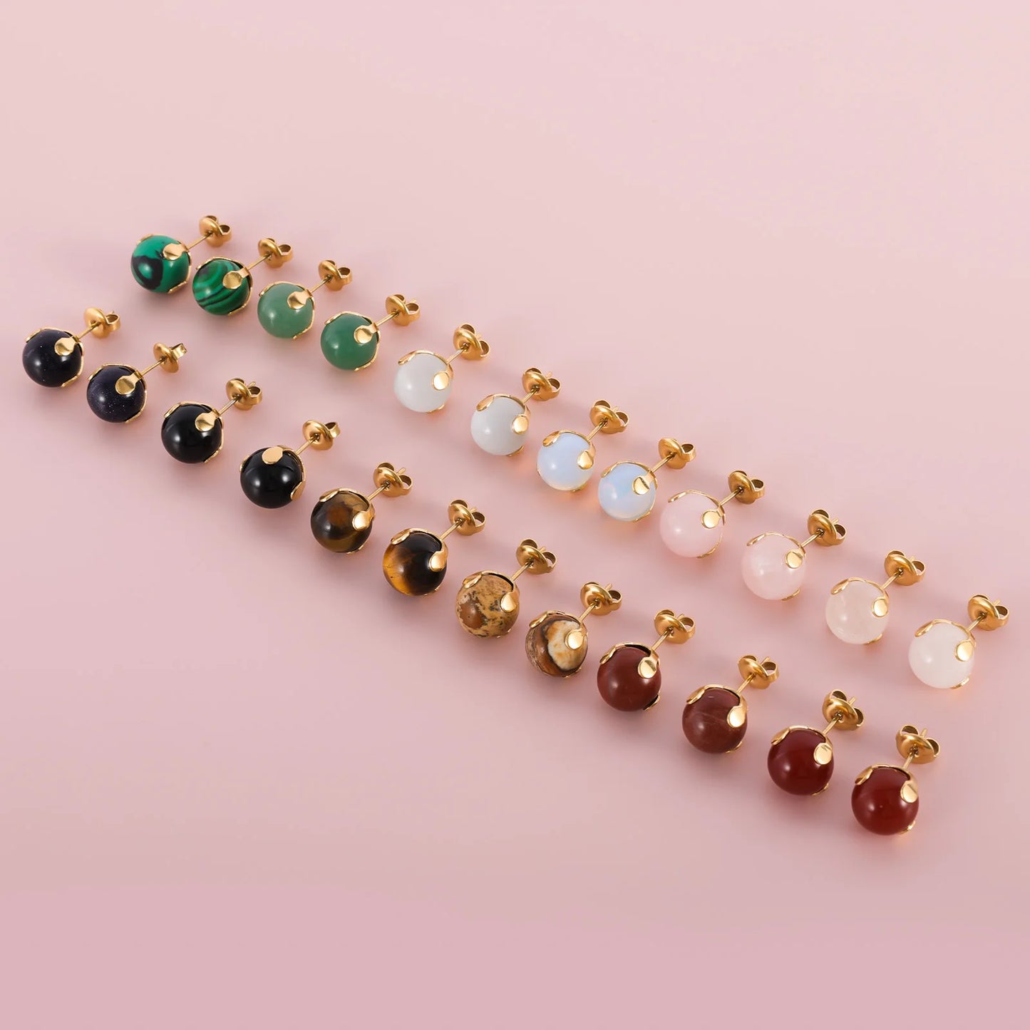 12 Pairs Natural Gemstone Bead Ball Stud Earrings