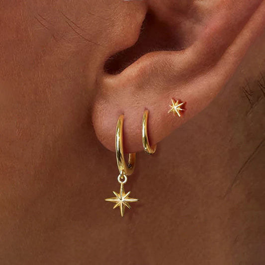 3 Piece Stainless Steel Round Star Drop Earrings