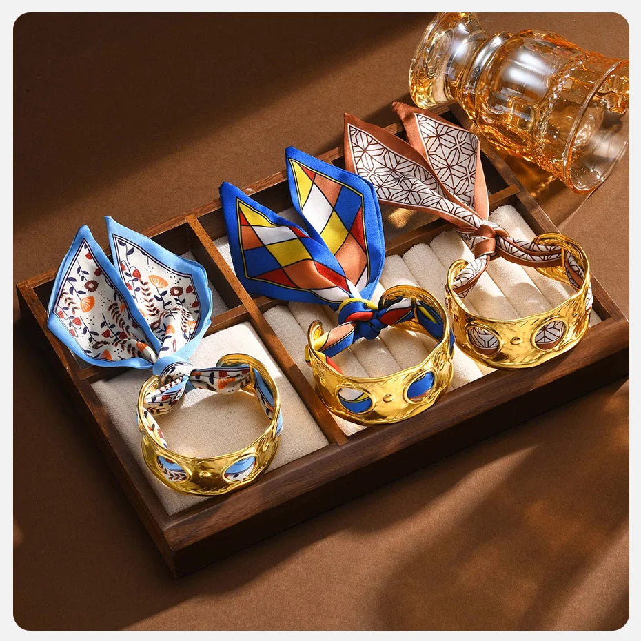 Lilly Silk Scarf Bangles With Pattern Stainless Steel