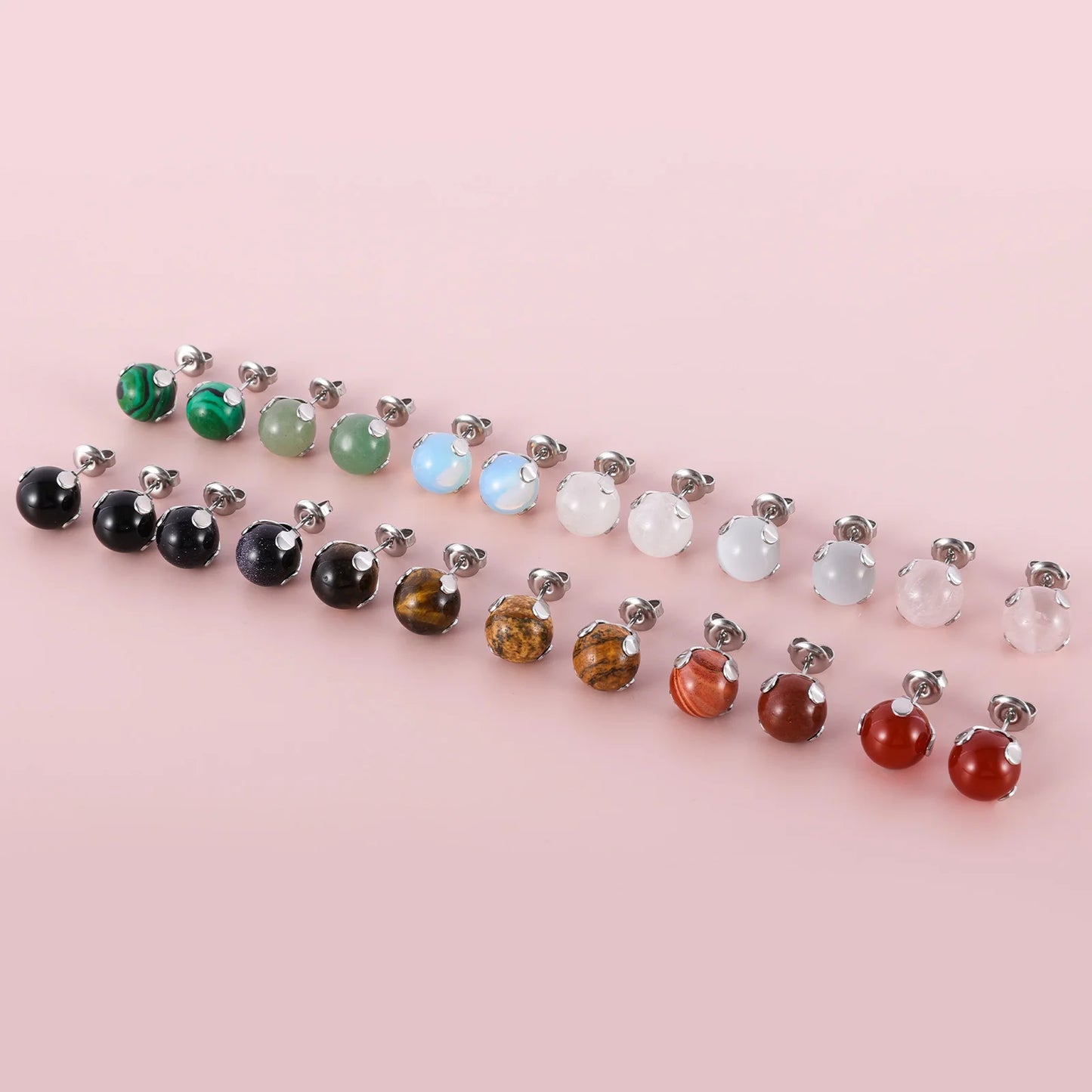 12 Pairs Natural Gemstone Bead Ball Stud Earrings