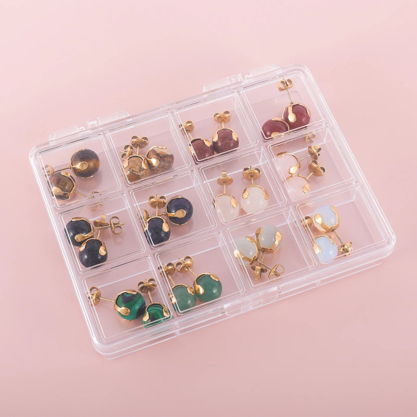 12 Pairs Natural Gemstone Bead Ball Stud Earrings