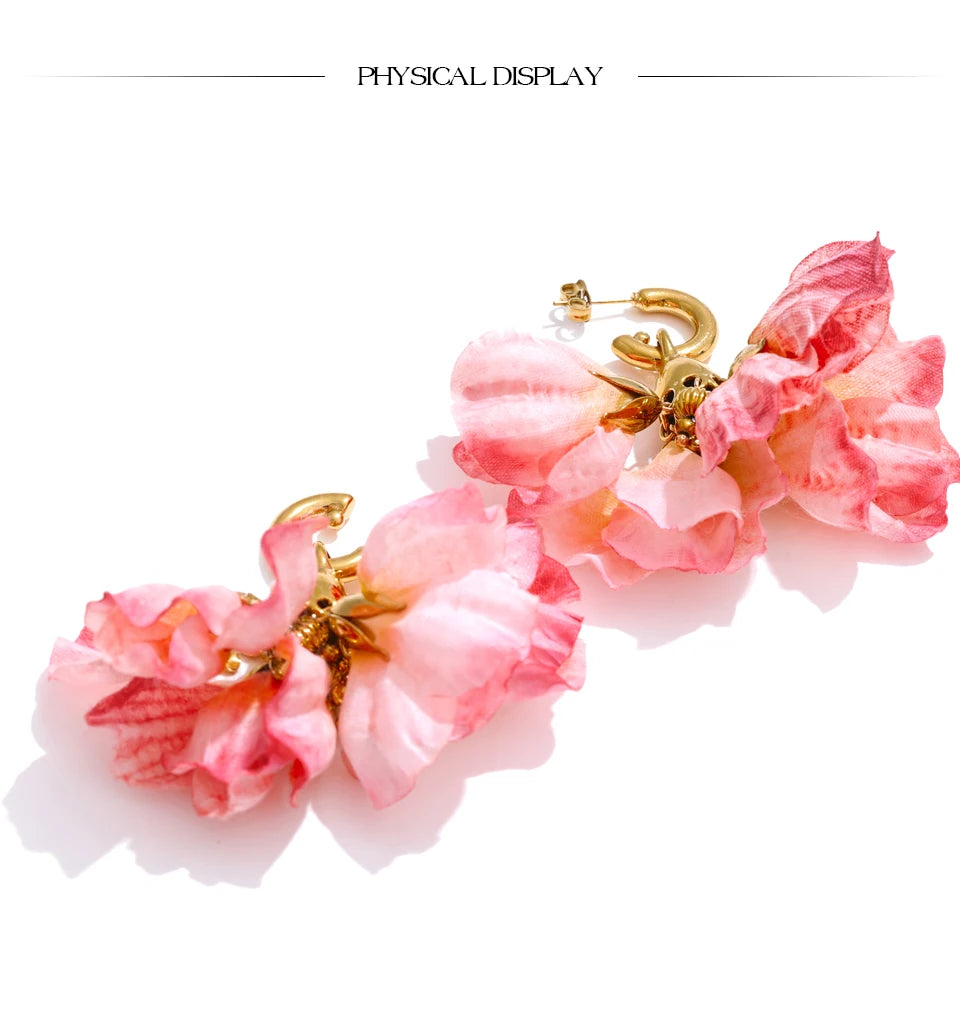 Fairy Romantic Pink Cloth Flower Dangle Earrings