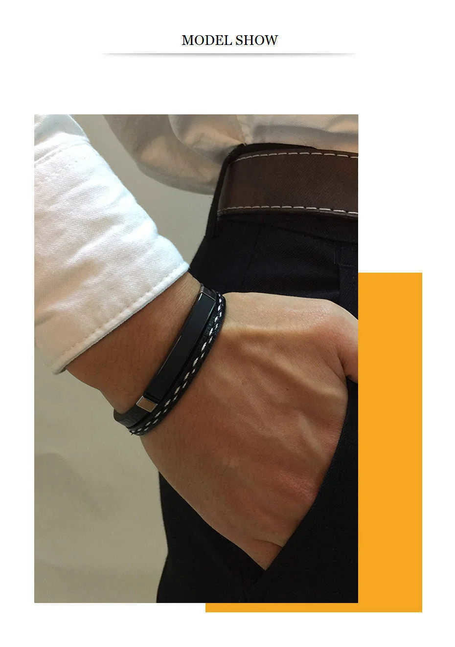 Genuine Leather Bracelets for Men with Stainless Steel Bar