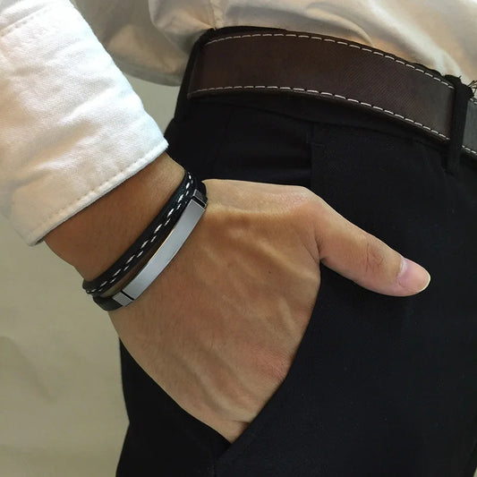 Genuine Leather Bracelets for Men with Stainless Steel Bar