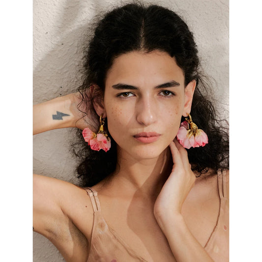 Fairy Romantic Pink Cloth Flower Dangle Earrings