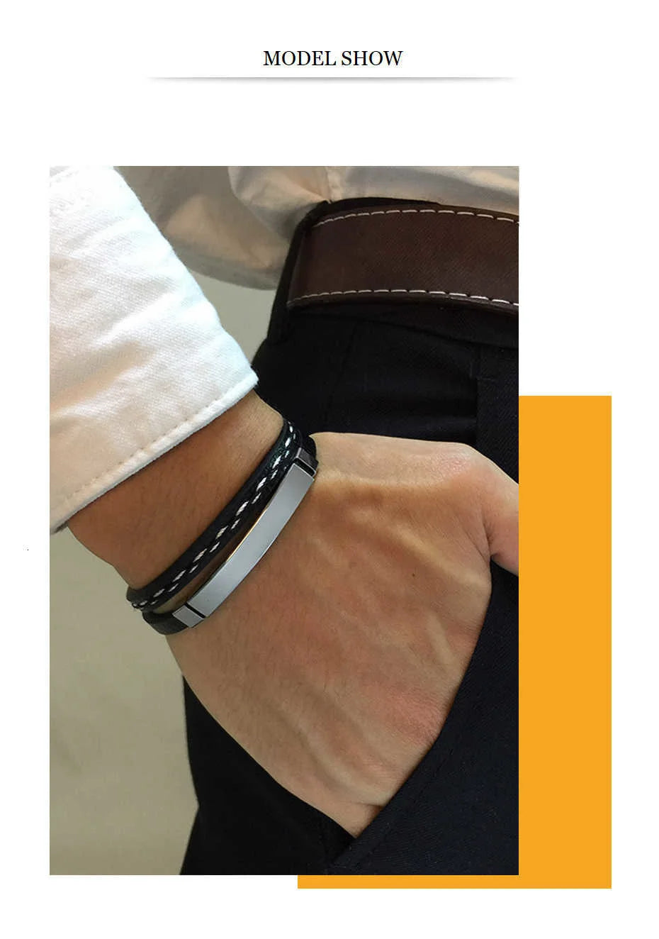 Genuine Leather Bracelets for Men with Stainless Steel Bar