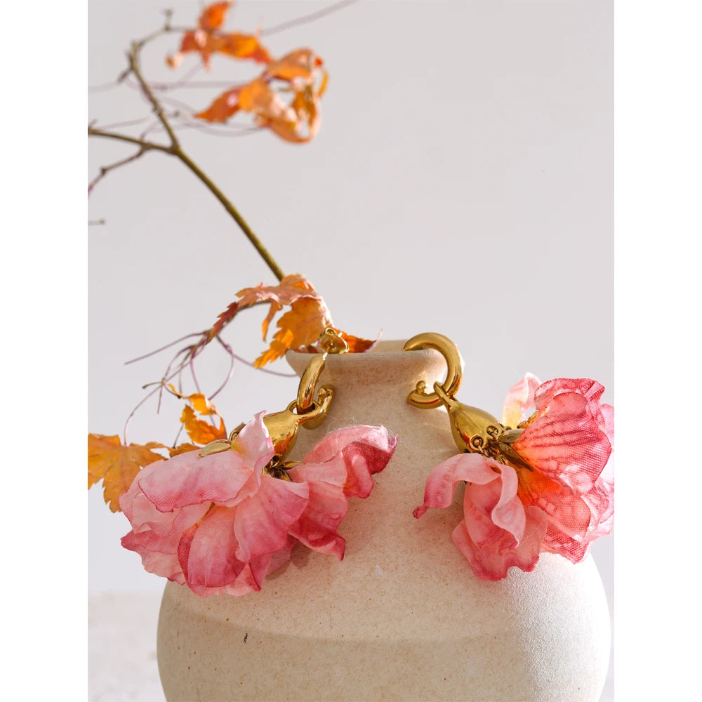 Fairy Romantic Pink Cloth Flower Dangle Earrings