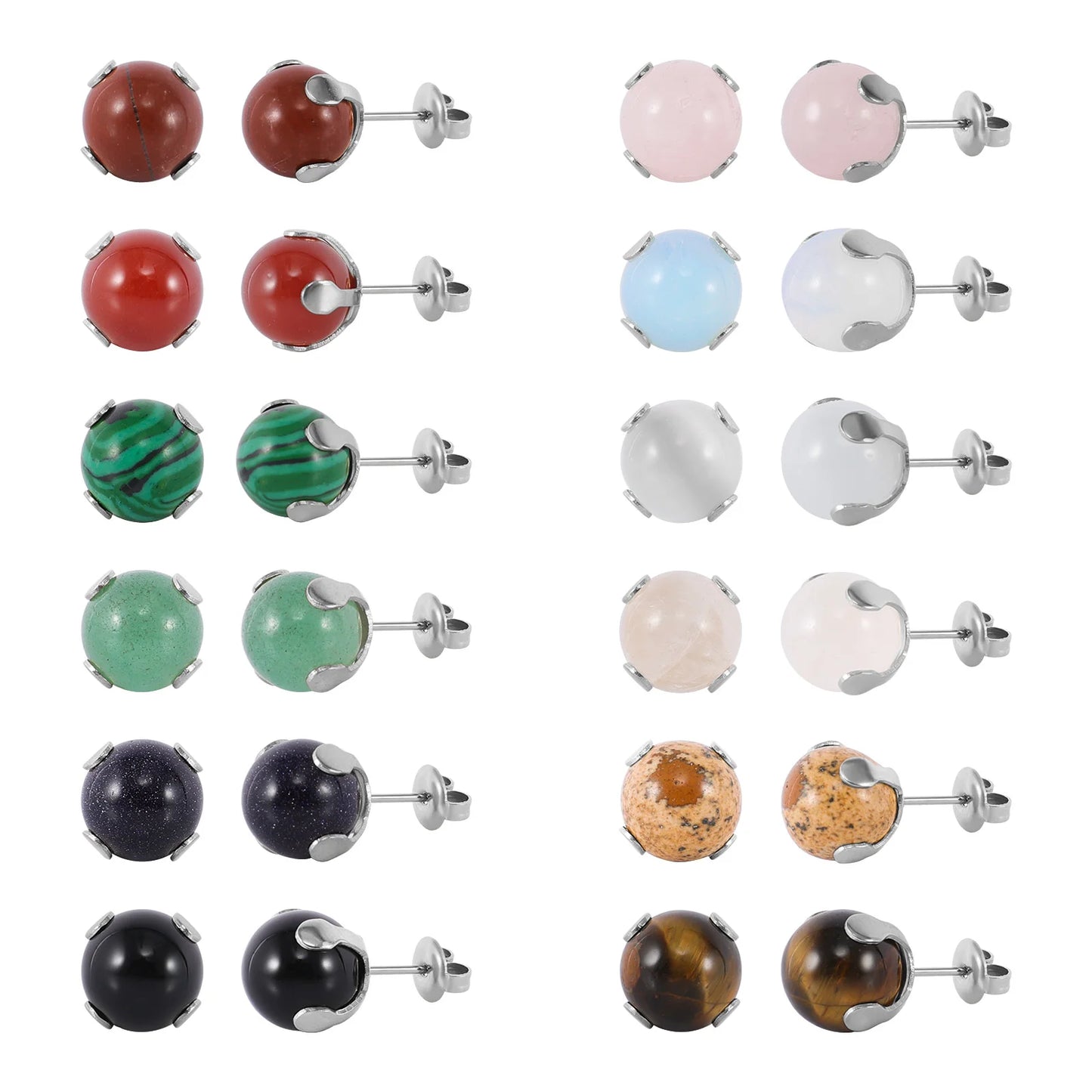 12 Pairs Natural Gemstone Bead Ball Stud Earrings