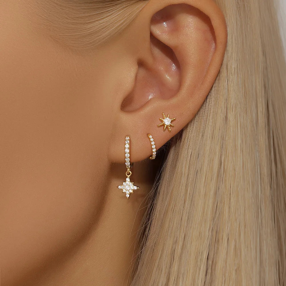 3 Piece Stainless Steel Round Star Drop Earrings