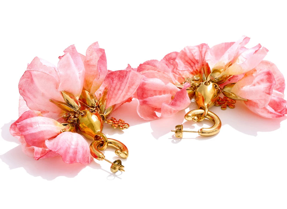 Fairy Romantic Pink Cloth Flower Dangle Earrings